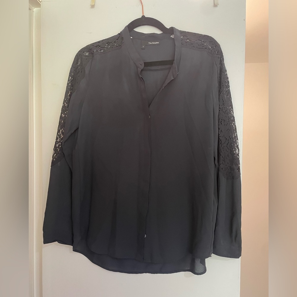 Navy Blue Kooples Blouse with lace sleeve detail
